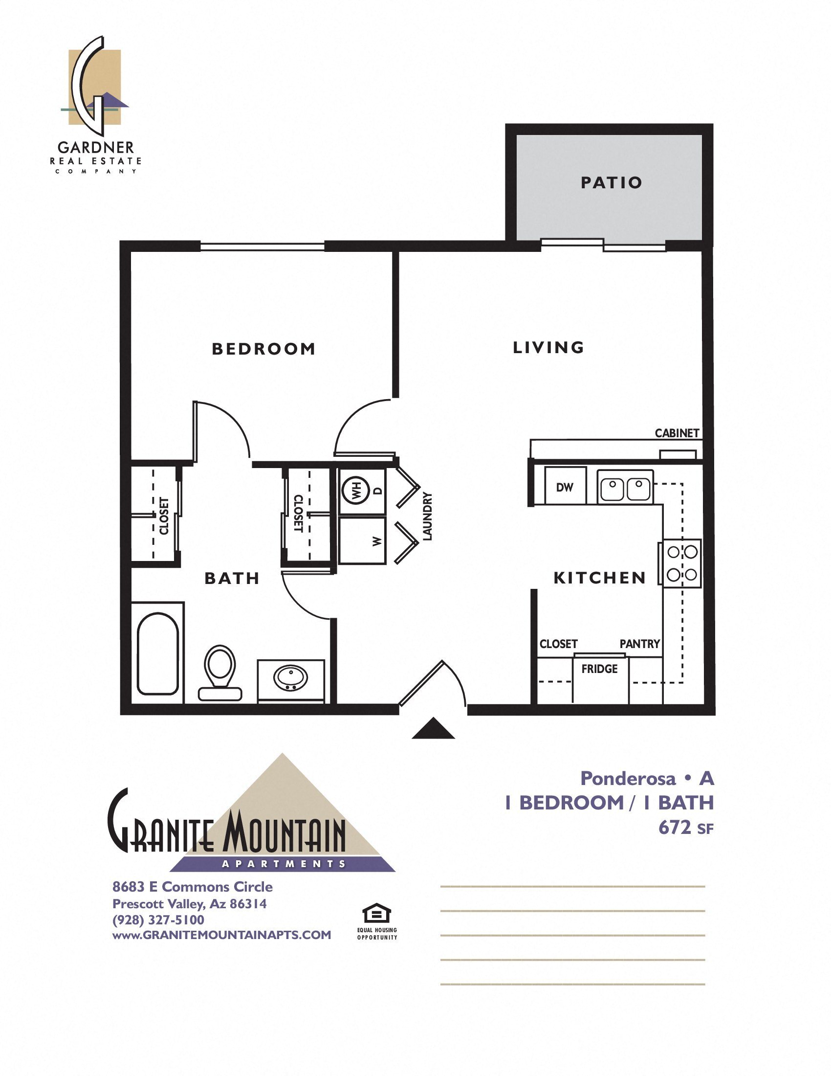 Floor plan for 1 bed, 1 bath, 707 sqft